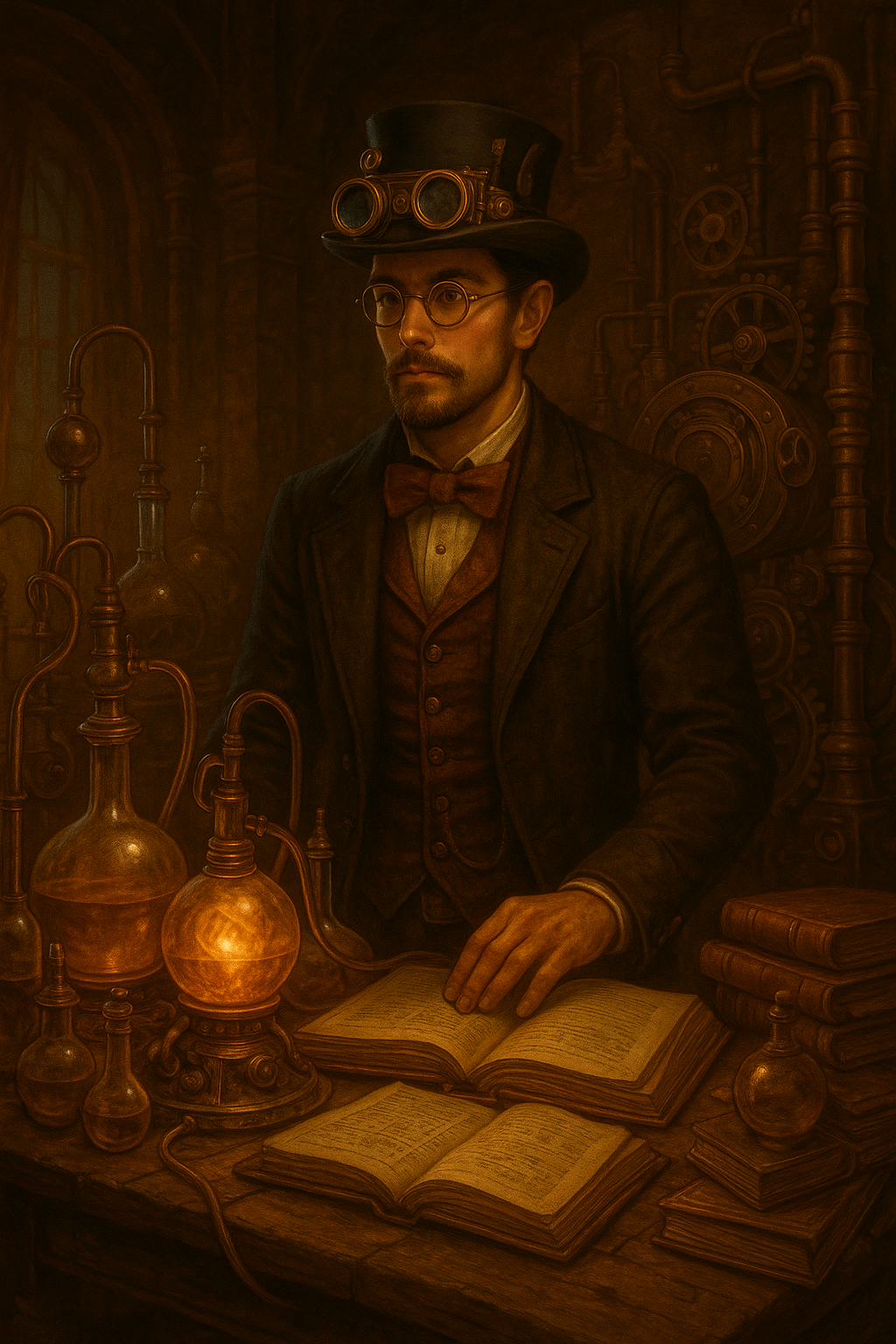 Araon dans un cabinet steampunk, entouré d’engrenages, d’instruments mécaniques, de tubes de verre et de livres ouverts, lumière chaude et ambiance cuivrée.
