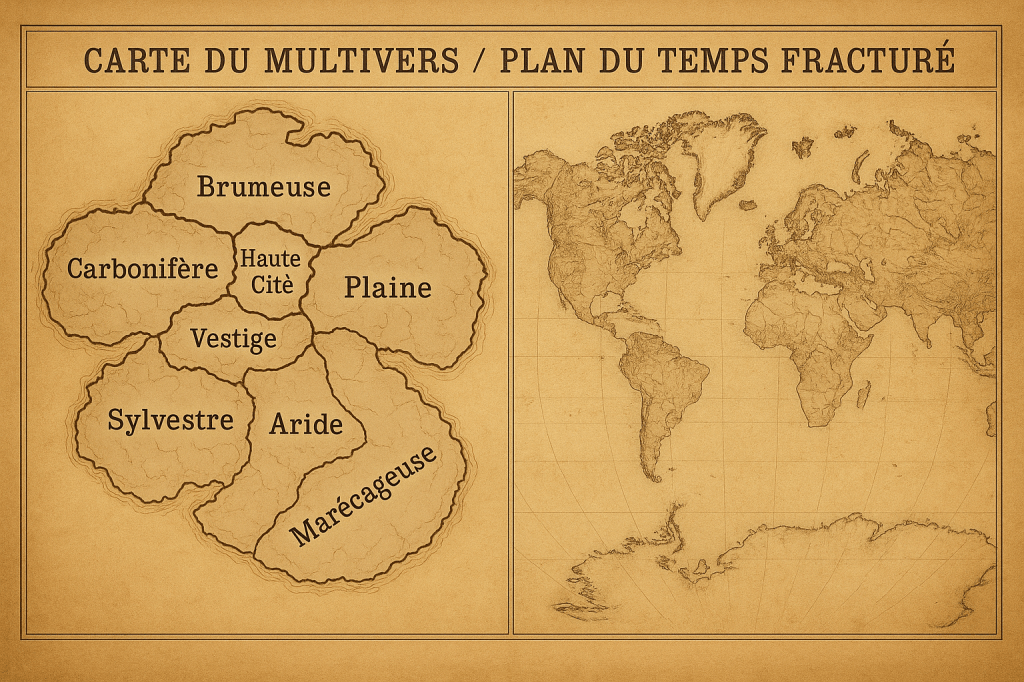 Carte du Multivers montrant à droite le monde réel de 1850 et à gauche le continent unique post-Glissement divisé en biomes : Brumeuse, Carbonifère, Haute Cité, Plaine, Aride, Sylvestre, Marécageuse et Vestige.