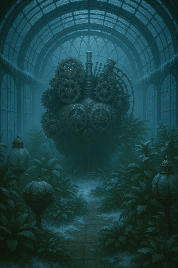 Vue d’ensemble d’une serre victorienne enneigée avec une immense chaudière mécanique figée parmi les plantes givrées.