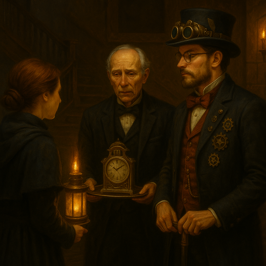 Araon, Anya et le majordome se tiennent dans le grand hall du domaine d’Aubelac, examinant une petite horloge mécanique brisée.