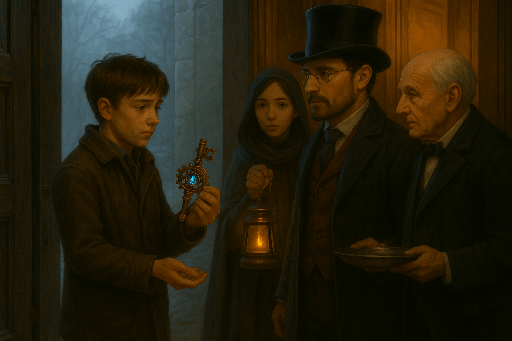 Tom Farlowe tient une clé mécanique steampunk dotée d’un fragment-signal bleu devant Araon, Anya et le majordome dans l’entrée du Domaine d’Aubelac.