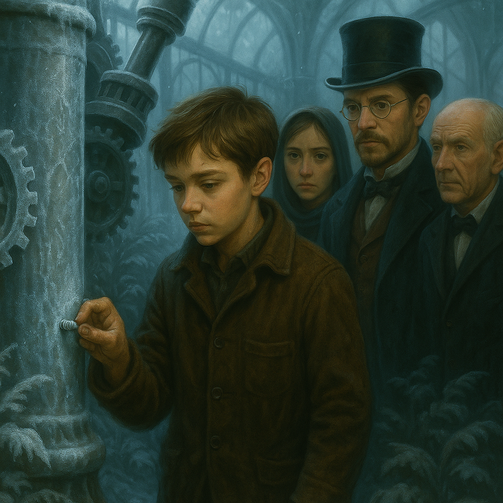 Araon, Anya, Tom et Sillas inspectent une vis inconnue dans la serre givrée du Domaine d’Aubelac, devant la colonne centrale immobilisée.