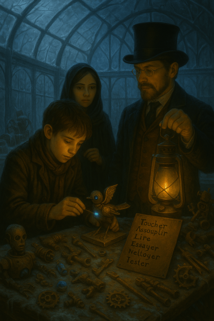 Tom répare un oiseau mécanique lumineux dans la serre glacée d’Aubelac, observé par Araon et Anya à la lueur d’une lanterne.