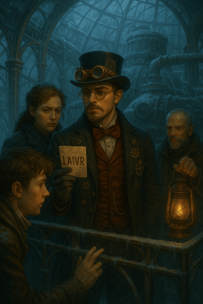 Araon examine une note portant les lettres inversées “LAIVR” au sommet de la serre gelée, tandis qu’Anya, Tom et Sillas scrutent une ombre glissant derrière la colonne centrale.