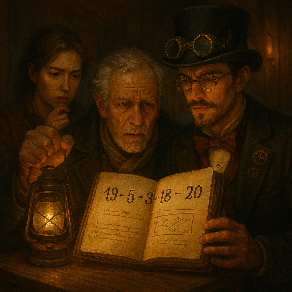 Araon, Sillas, Anya et Tom analysent un carnet codé trouvé en secret dans les quartiers du personnel du Domaine d’Aubelac.