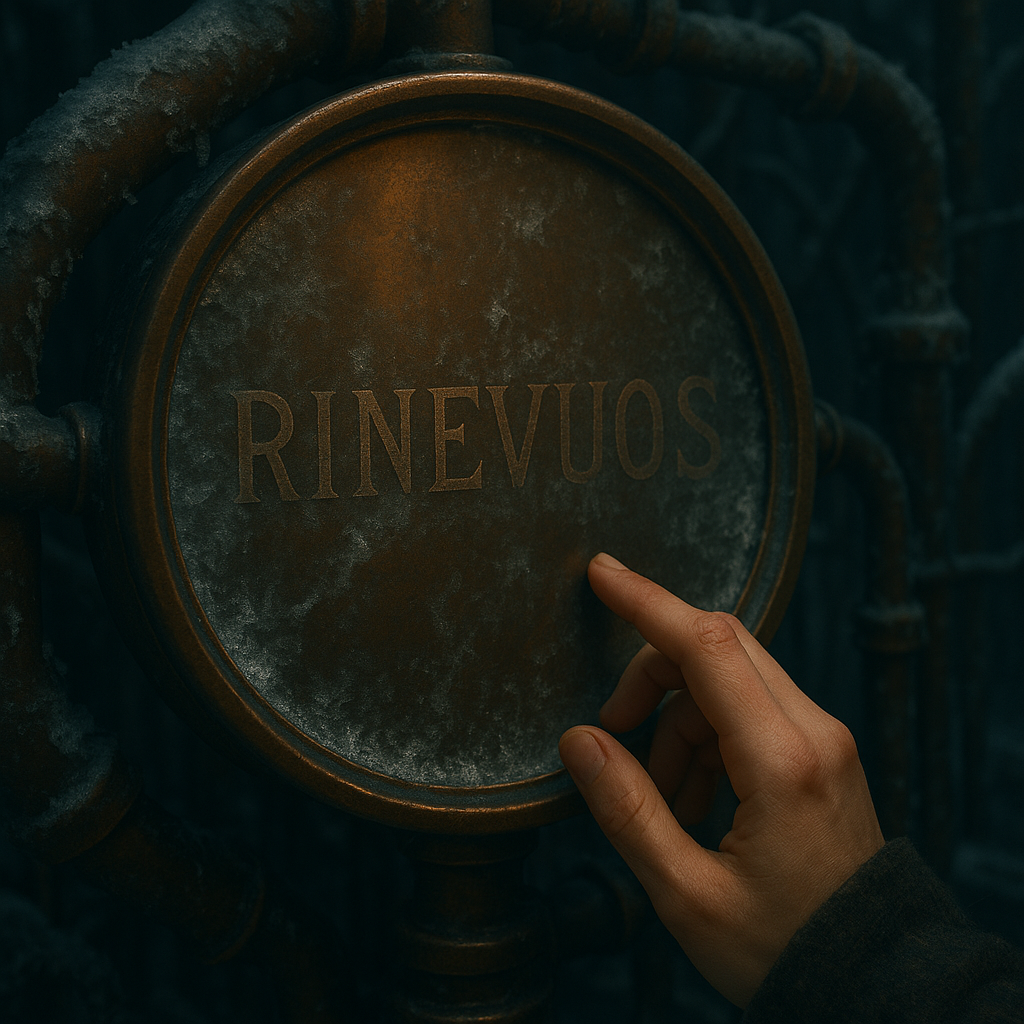 Plaque de cuivre givrante marquée du mot « RINEVUOS », touchée par une main dans une serre steampunk glacée.