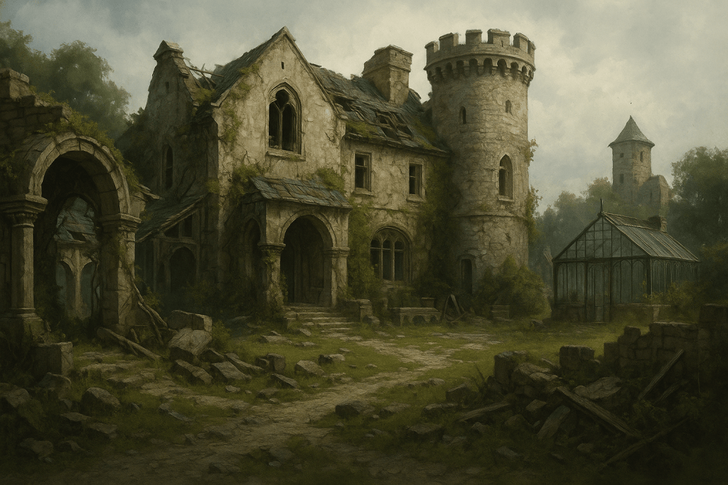 Ancien domaine royal abandonné, manoir en ruines avec tour de pierre et serre dégradée, futur siège d’Araon après la destruction du Conservatoire des Brumes.