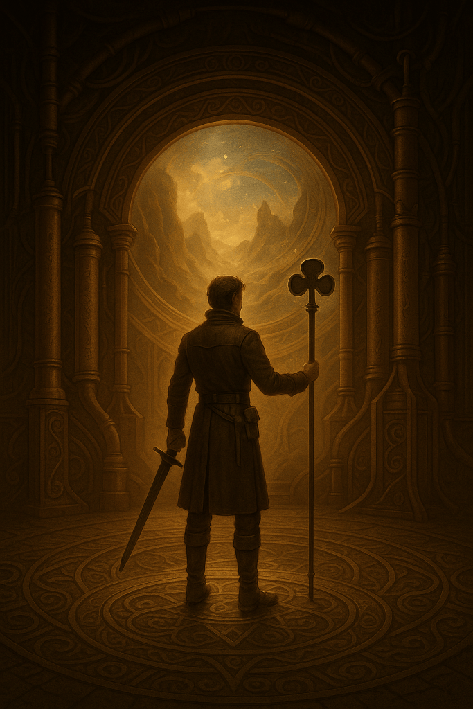 Araon, tenant une épée et le sceptre du Trèfle, se tient devant un portail lumineux ouvrant sur un paysage surnaturel dans un décor steampunk-fantasy.