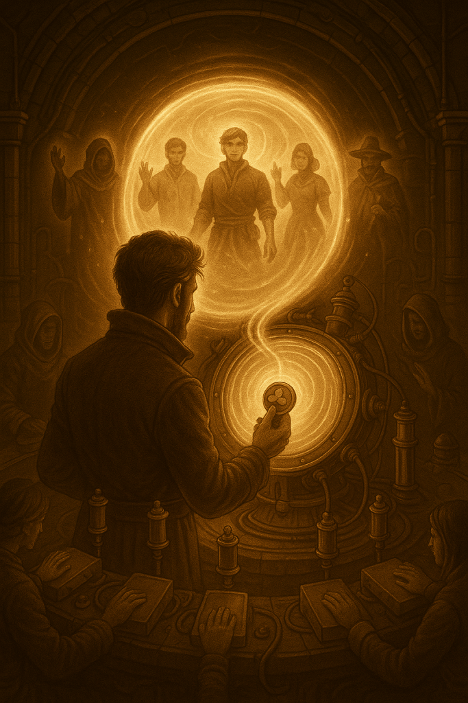 Araon active le Commutateur steampunk, ouvrant un portail inter-plans dans le Cabinet des Mondes, entouré des Cavaliers du Trèfle et de silhouettes venues d’un autre monde.