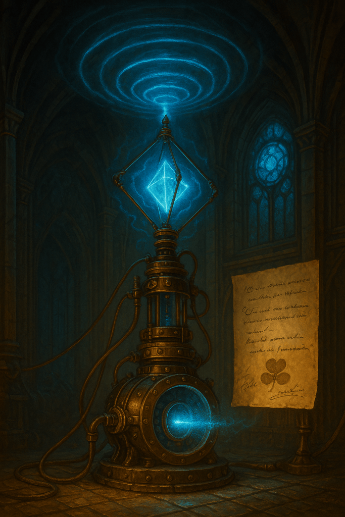 Machine steampunk avec cristal énergétique bleu dans le Cabinet des Mondes, Commutateur d’Araon