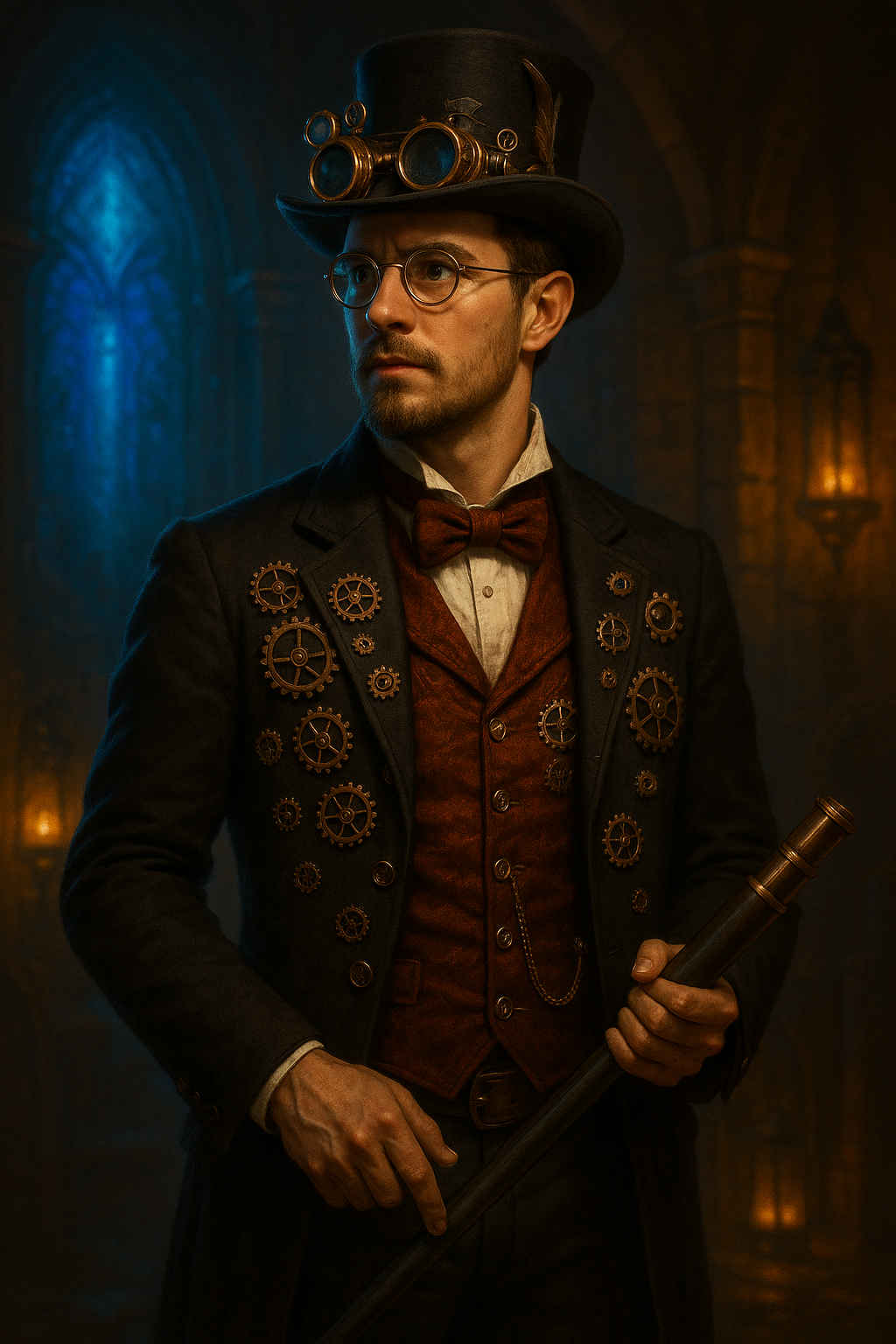 Portrait steampunk d’Araon, jeune inventeur et Grand Électeur, vêtu d’un costume orné d’engrenages avec un haut-de-forme à lunettes mécaniques, dans la salle des Colloques d’Aubelac.