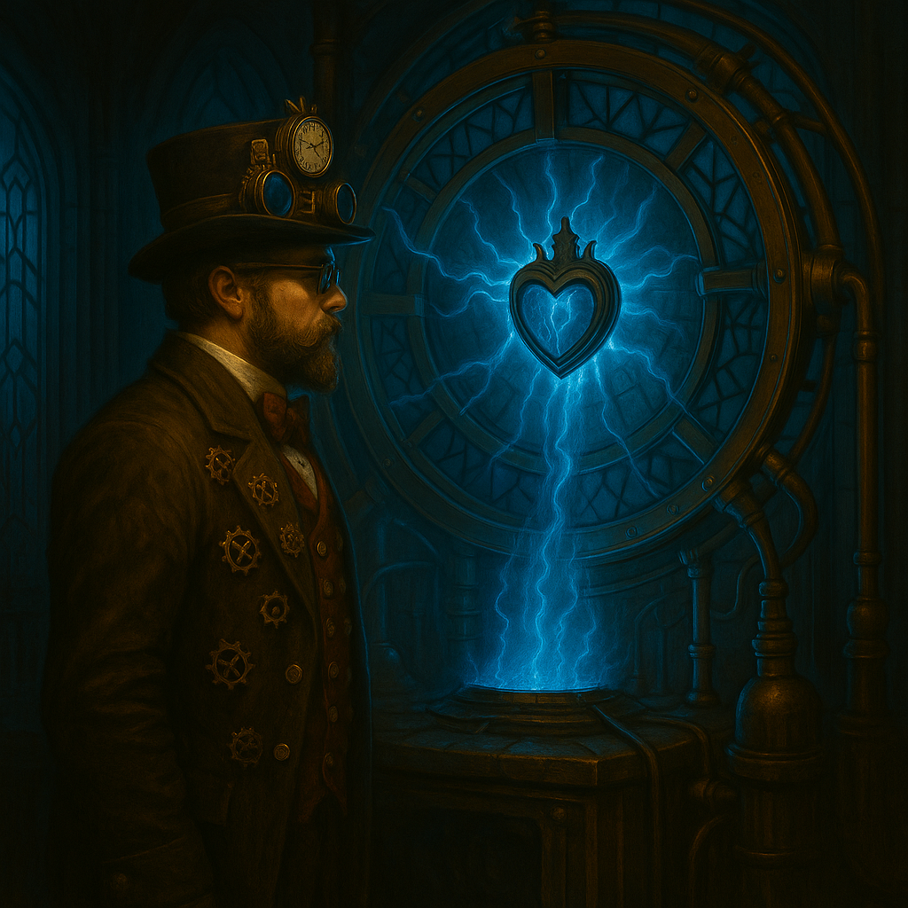 Araon observant un cœur énergétique dans une machine temporelle steampunk au sein du Cabinet des Mondes