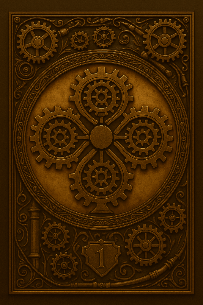 Bas-relief steampunk représentant un trèfle à quatre feuilles composé d’engrenages en bronze, symbole mécanique du Cercle des Cavaliers du Trèfle.