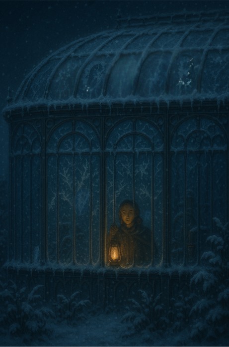 e enneigée, ses vitres couvertes de givre laissant apparaître une jeune femme tenant une lanterne, seule source de lumière.