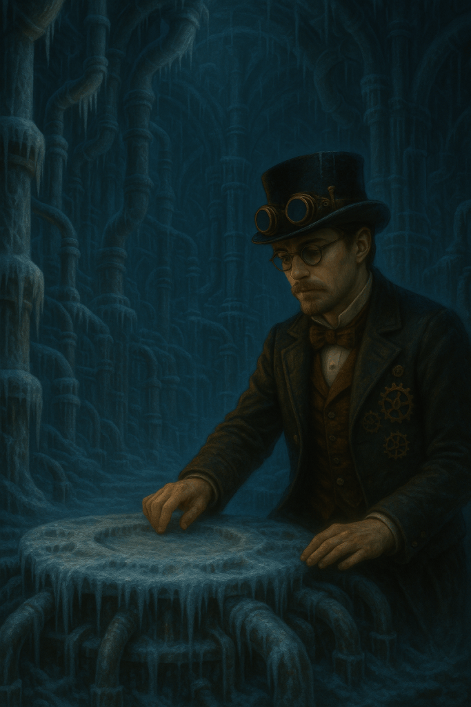Araon observe un socle gelé dans une salle mécanique recouverte de givre, au cœur d’un univers steampunk.
