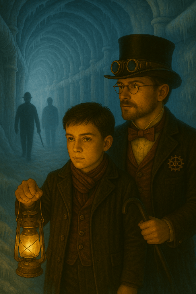 Illustration steampunk réaliste montrant Araon et Tom enfant dans un couloir mécanique givré, observant une silhouette mystérieuse dans la brume.
