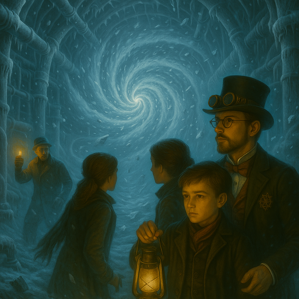 Araon, Anya, Tom et Sillas sur une passerelle métallique au cœur d’un immense dôme steampunk gelé, observant un tourbillon blanc en spirale qui déforme la structure de la serre.