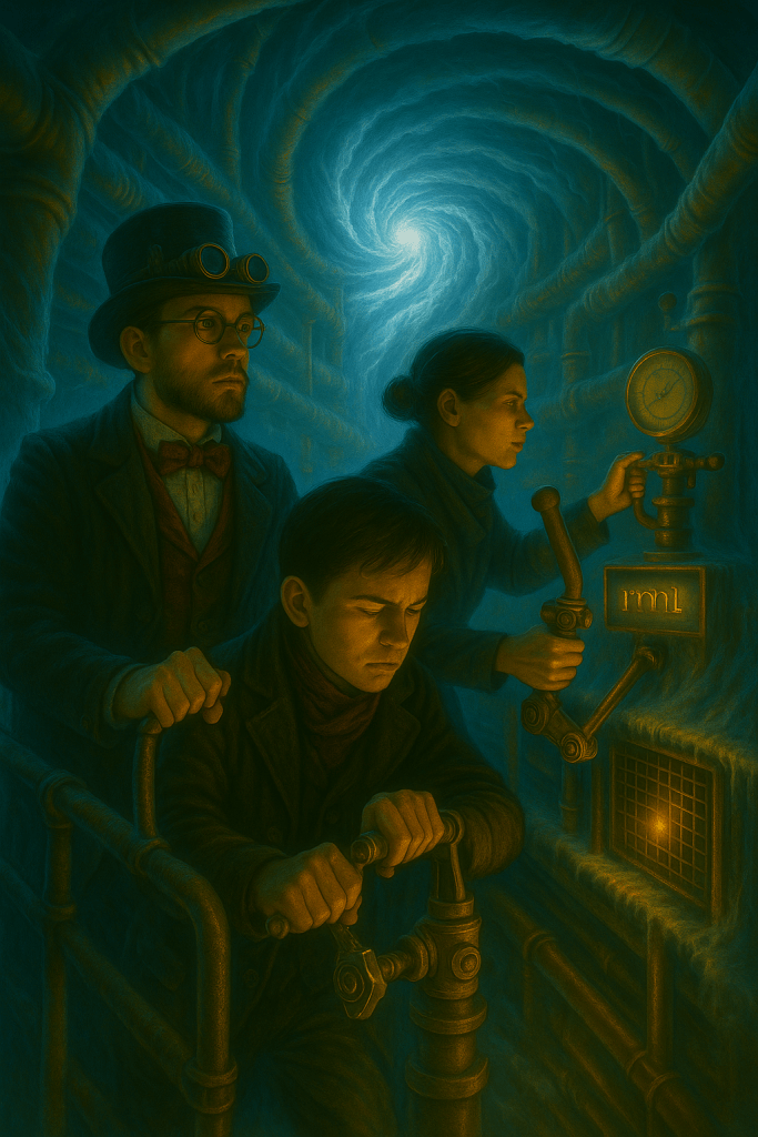 Araon, Anya et Tom stabilisent un flux temporel dans un couloir steampunk, manipulant des mécanismes en cuivre face à un vortex lumineux bleu.