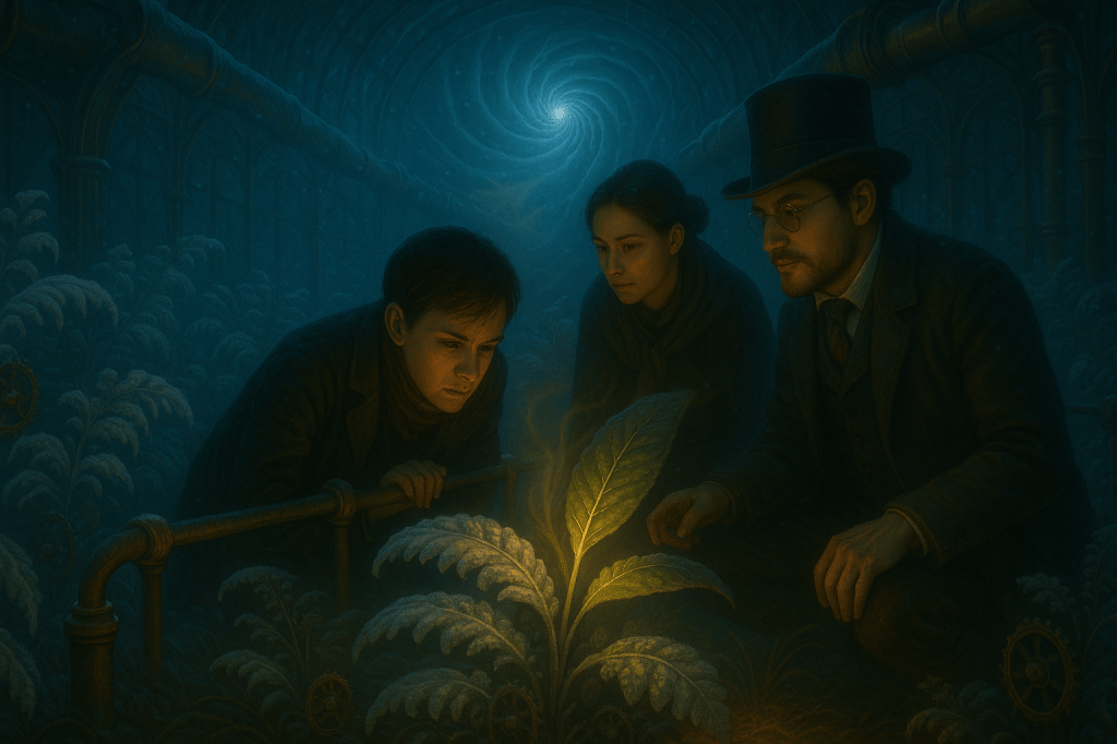Araon, Anya et Tom observent une fougère mécanique givrée dans une serre steampunk, où une unique feuille renaît en vert sous une lueur chaude.