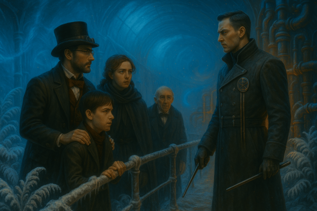 Araon, Anya, Tom et Sillas font face à Nihem d’Ethram dans une serre steampunk givrée, sous une spirale lumineuse bleue et des conduites métalliques givrées.
