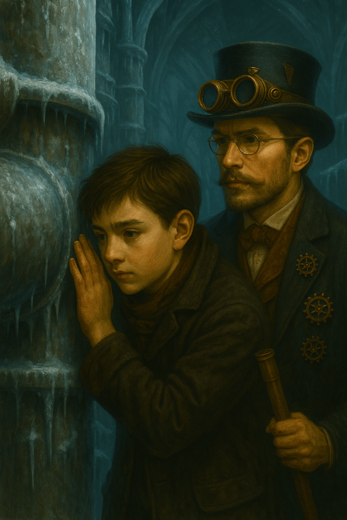 Araon et le jeune Tom examinant une conduite gelée dans une serre steampunk aux arches métalliques plongées dans le froid.